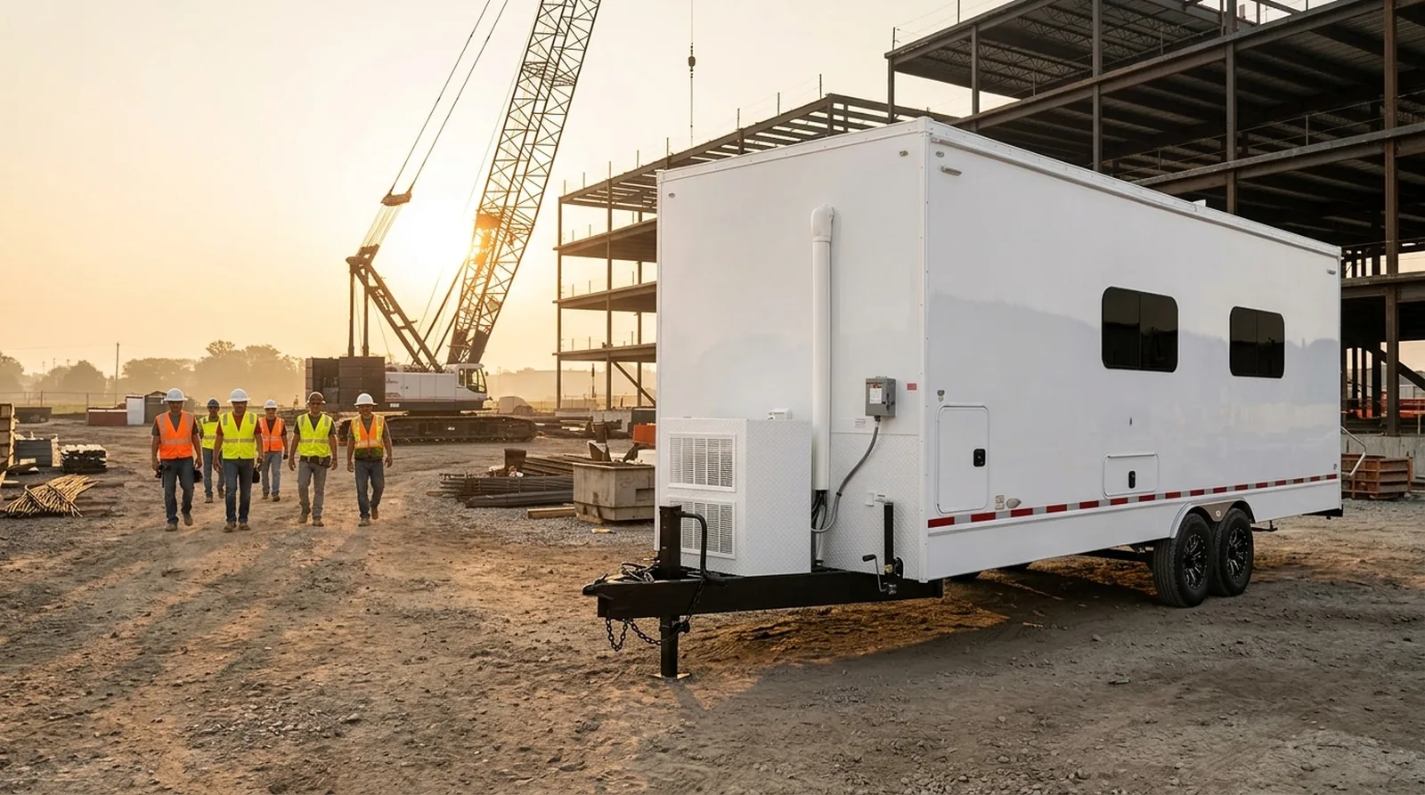 White break room trailer set up on an active construction site