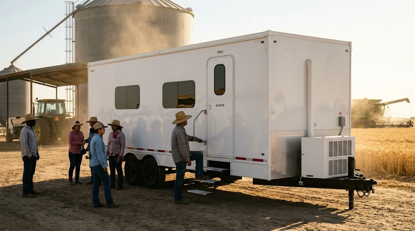 Break room trailer at a farm during harvest