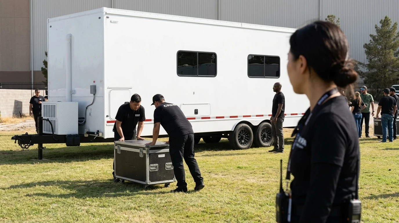 Office trailer behind the scenes at an outdoor festival