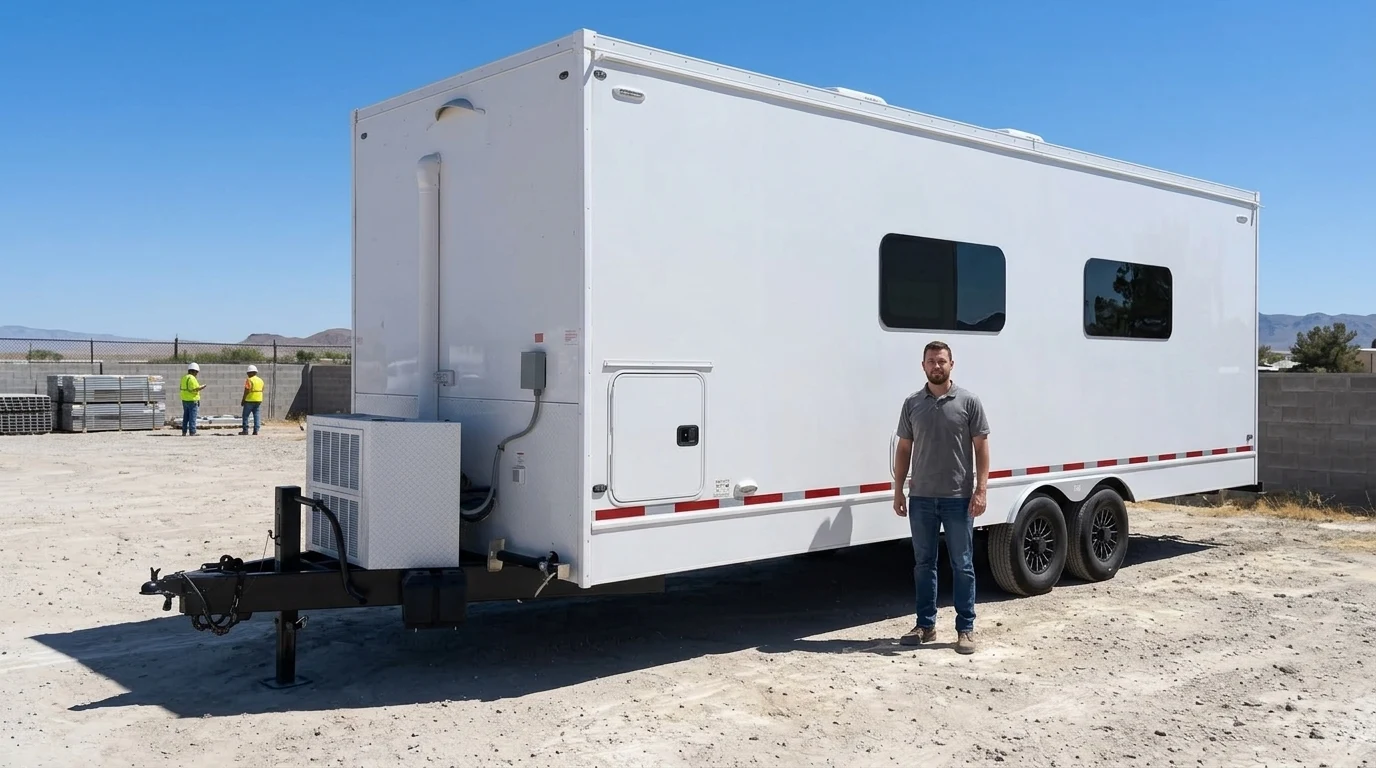 White break room trailer rental with tinted windows and a side entry door