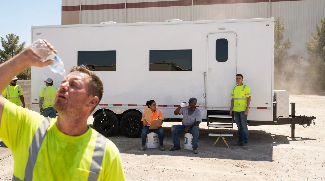Cooling trailer with a high-capacity front-mounted AC unit for worker heat relief